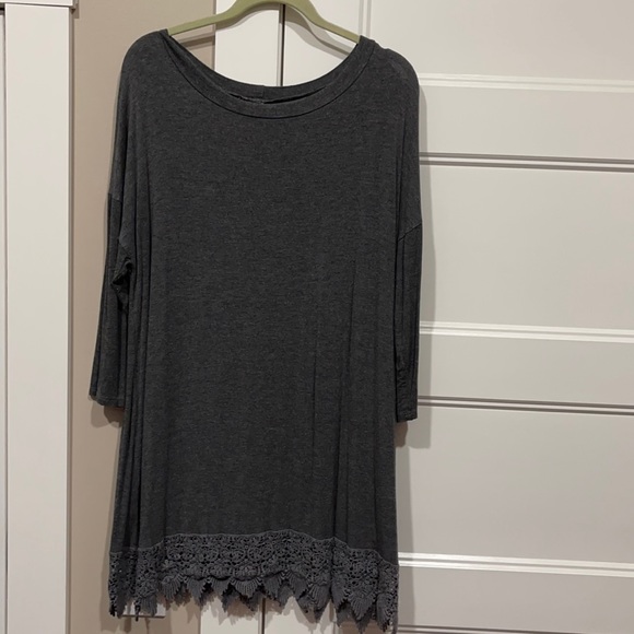 Emerald Tops - Emerald 3X long very tunic/dress gray with lace type detail on bottom.